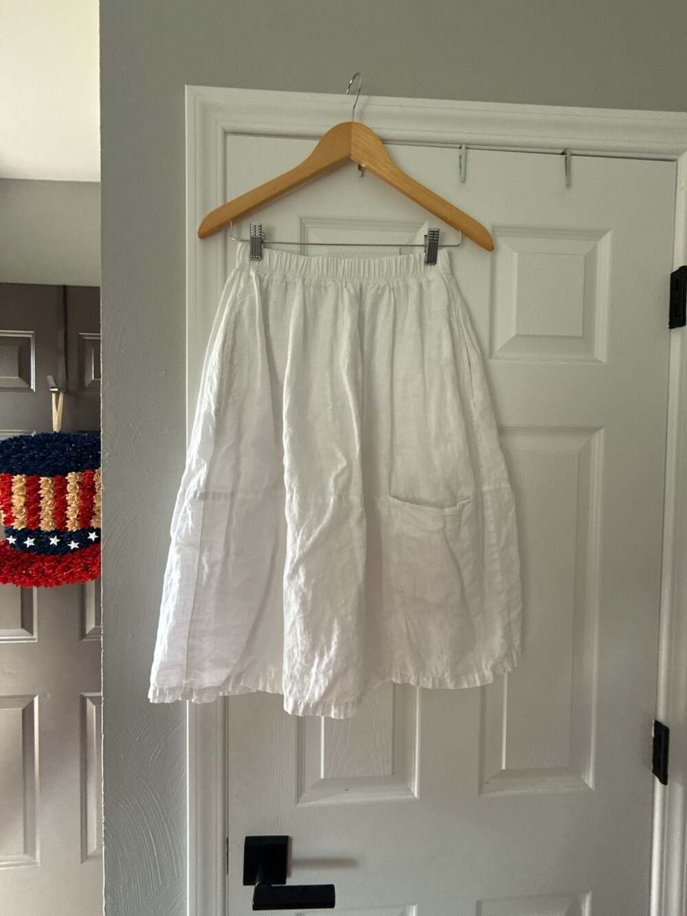 Eileen Fisher White Linen Elastic Waist Midi Skirt with Pockets